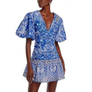 FARM Rio NEW!! Blue and White Tile Dream Puff Sleeve Mini Dress Size XL